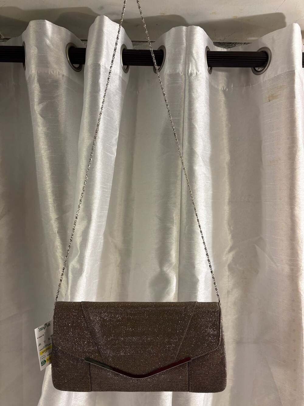Stein Mart Champagne Gold Glitter V-Bar Clutch with Chain Strap